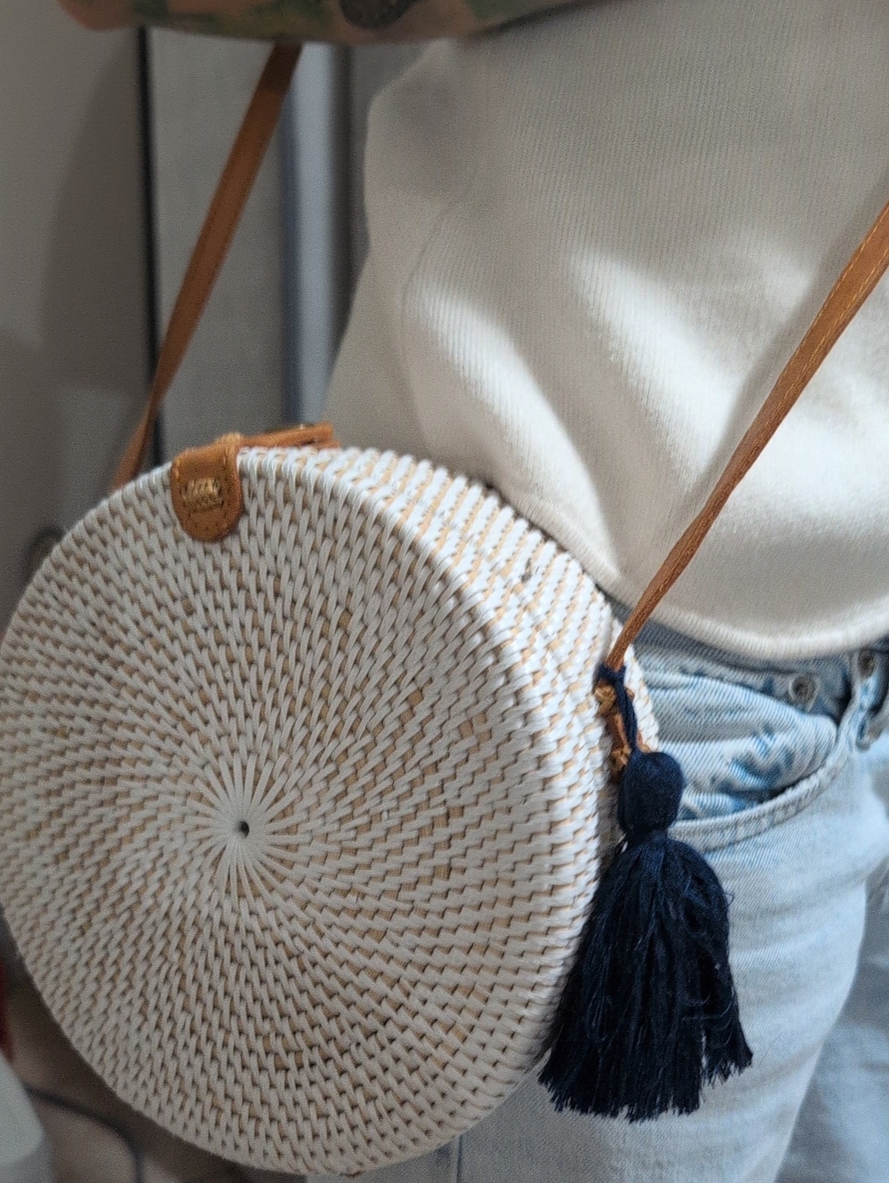 Woven Round Crossbody Bag with Navy Tassel
